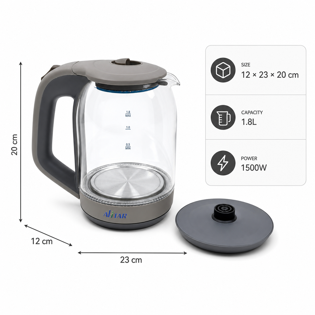 AHTAR 1.7L Glass Electric Kettle – 1500W, Auto Shut-Off