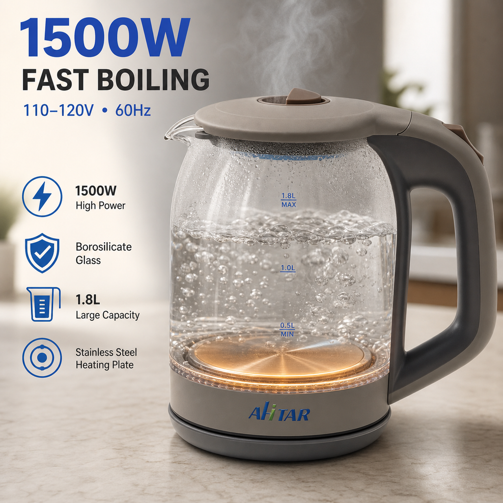 AHTAR 1.7L Glass Electric Kettle – 1500W, Auto Shut-Off