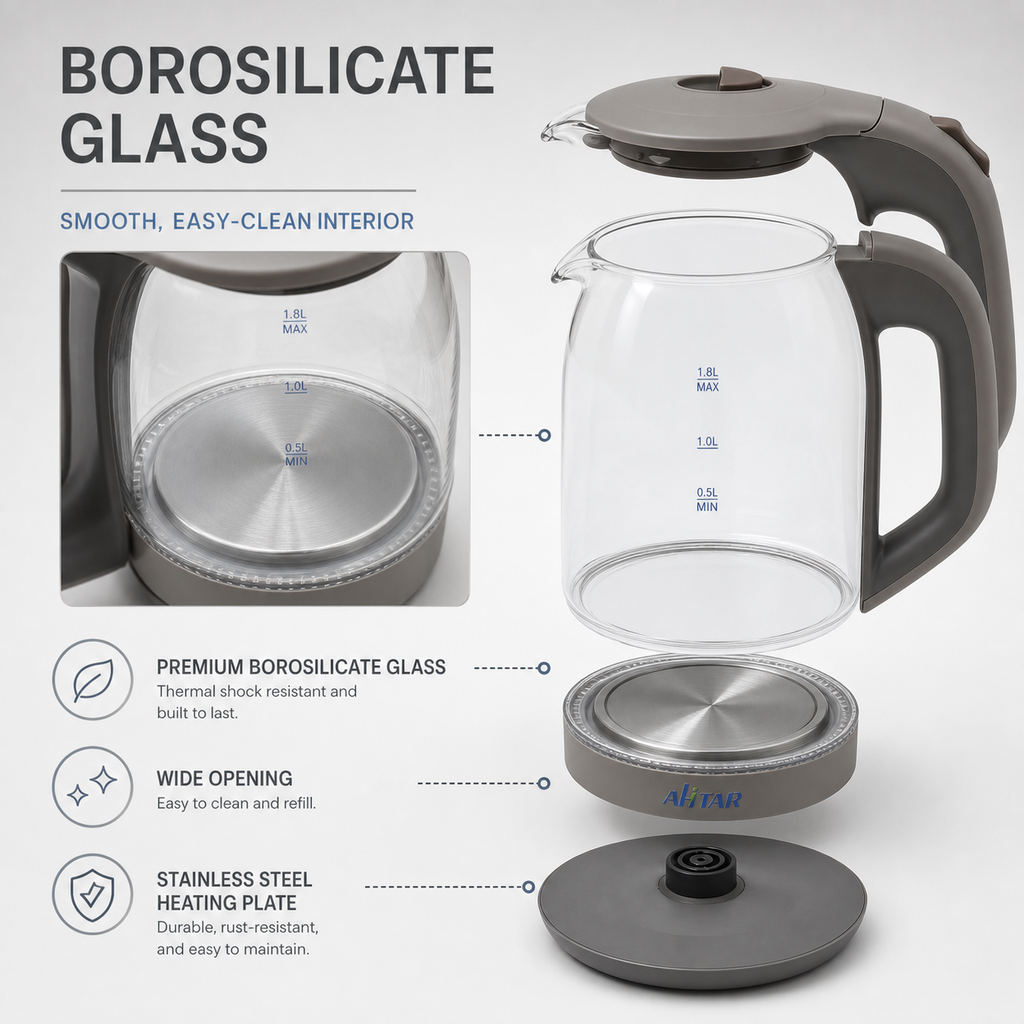 AHTAR 1.7L Glass Electric Kettle – 1500W, Auto Shut-Off