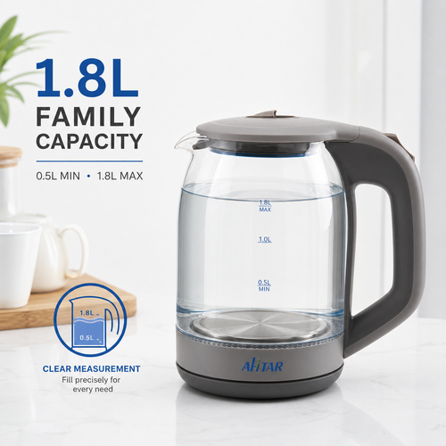 AHTAR 1.7L Glass Electric Kettle – 1500W, Auto Shut-Off
